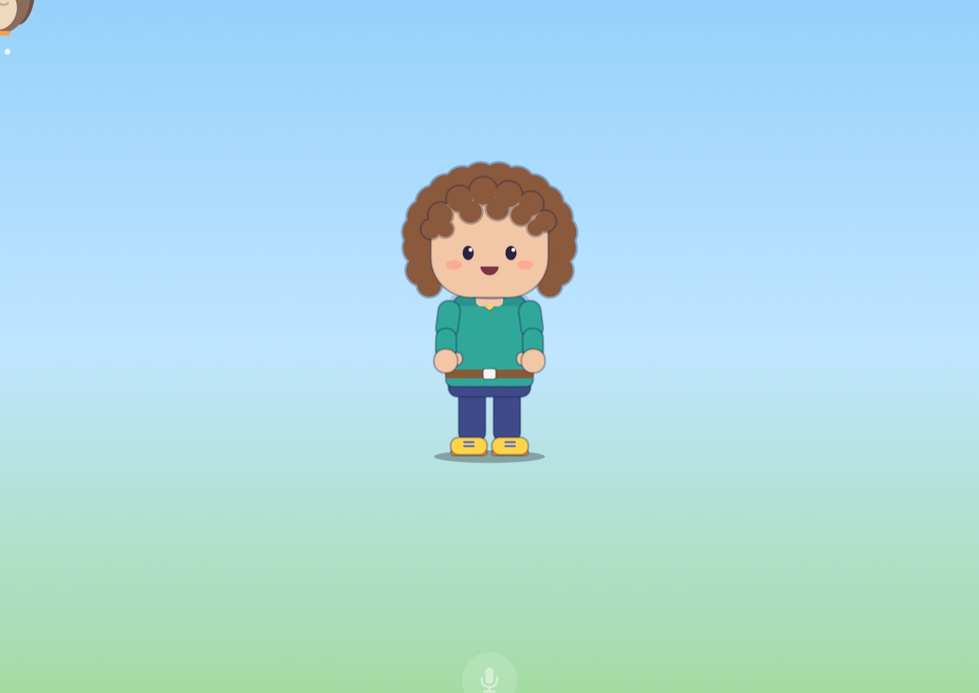 The child's hero, with curly brown hair and a green jumper, standing in a sunny meadow while Olive the owl watches from the corner.